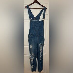 Machine Overalls Bibs Womens Size Lg Blue‎ Denim Distressed Stretch Italy.